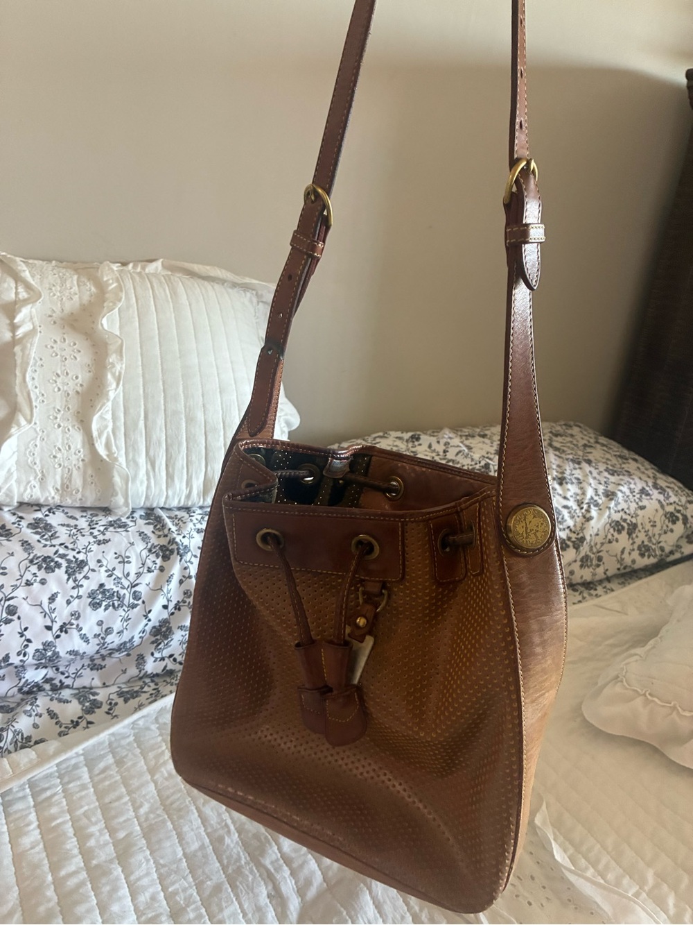 Brown Leather Dooney and Bourke Drawstring Bucket Bag